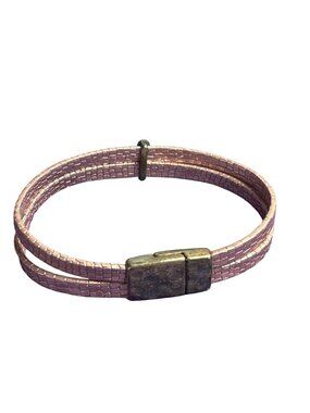 Pink Metallic Faux Leather Bracelet Hammered Silvertone Magnetic Clasp